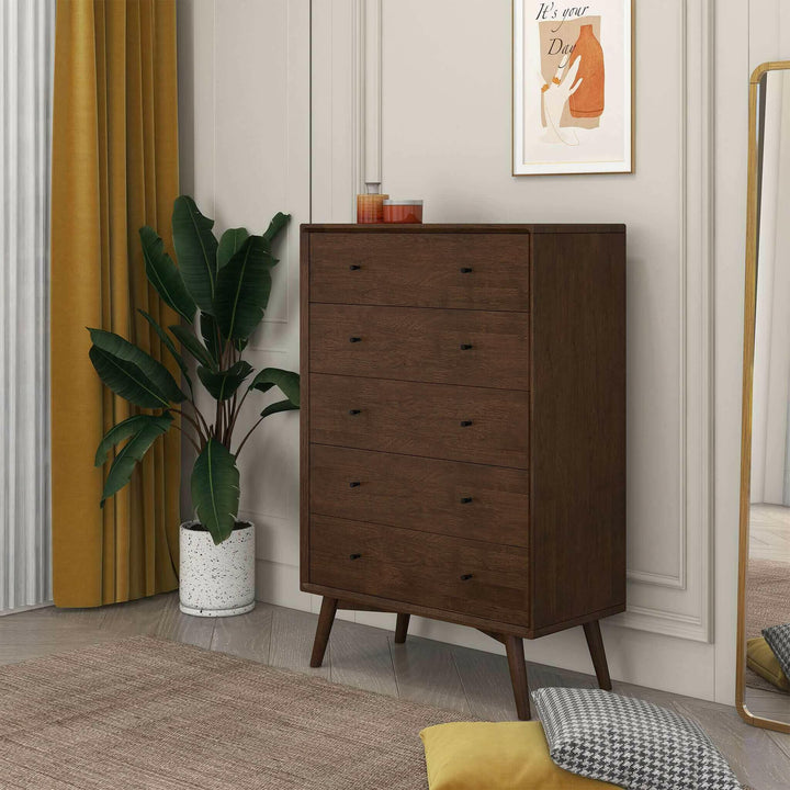 Caroline Mid Century Modern Solid Wood Dresser 5-Drawer.