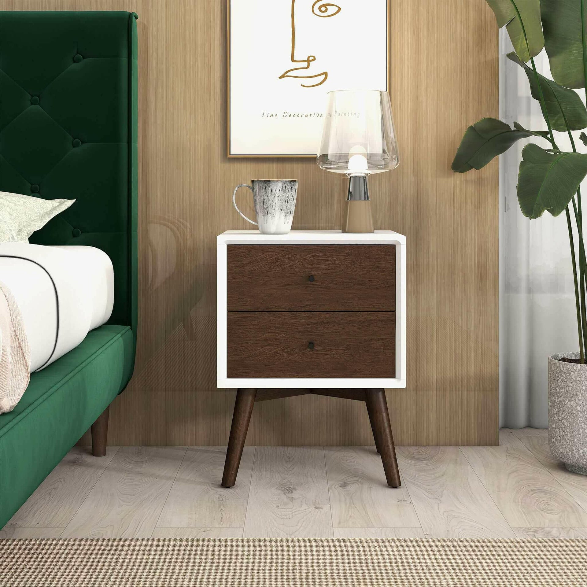 Caroline Mid Century Modern Style White Night Stand 2-Drawer.