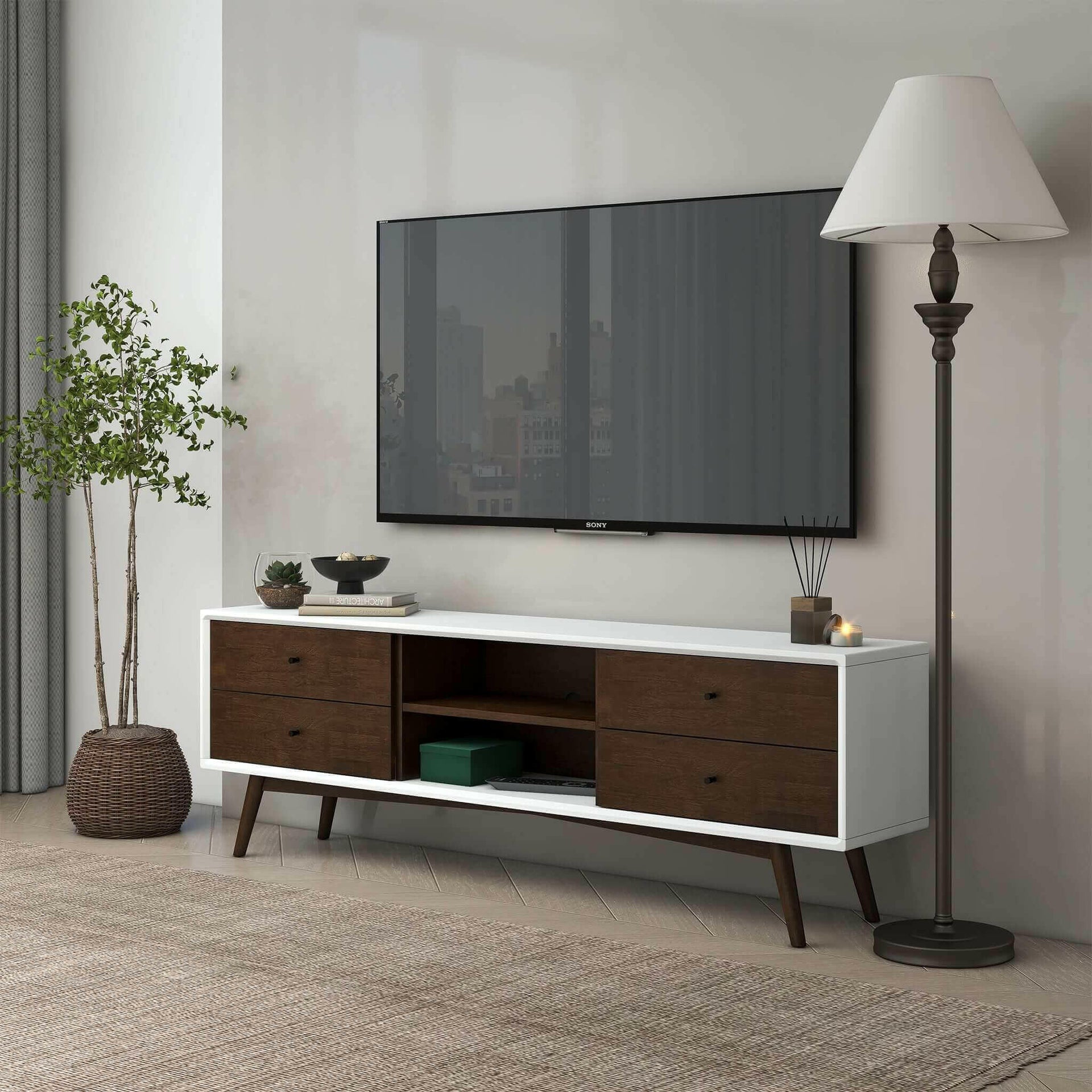 Caroline Walnut White TV Stand Up To 72".