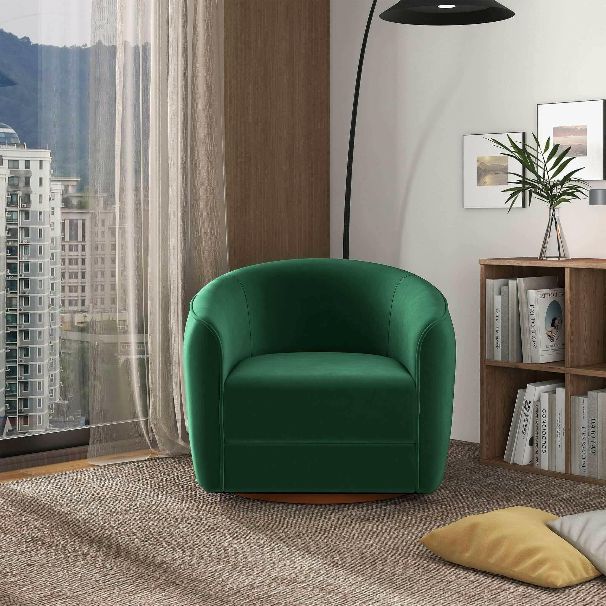 Elise Mid Century Modern Dark Green Velvet Swivel Chair.