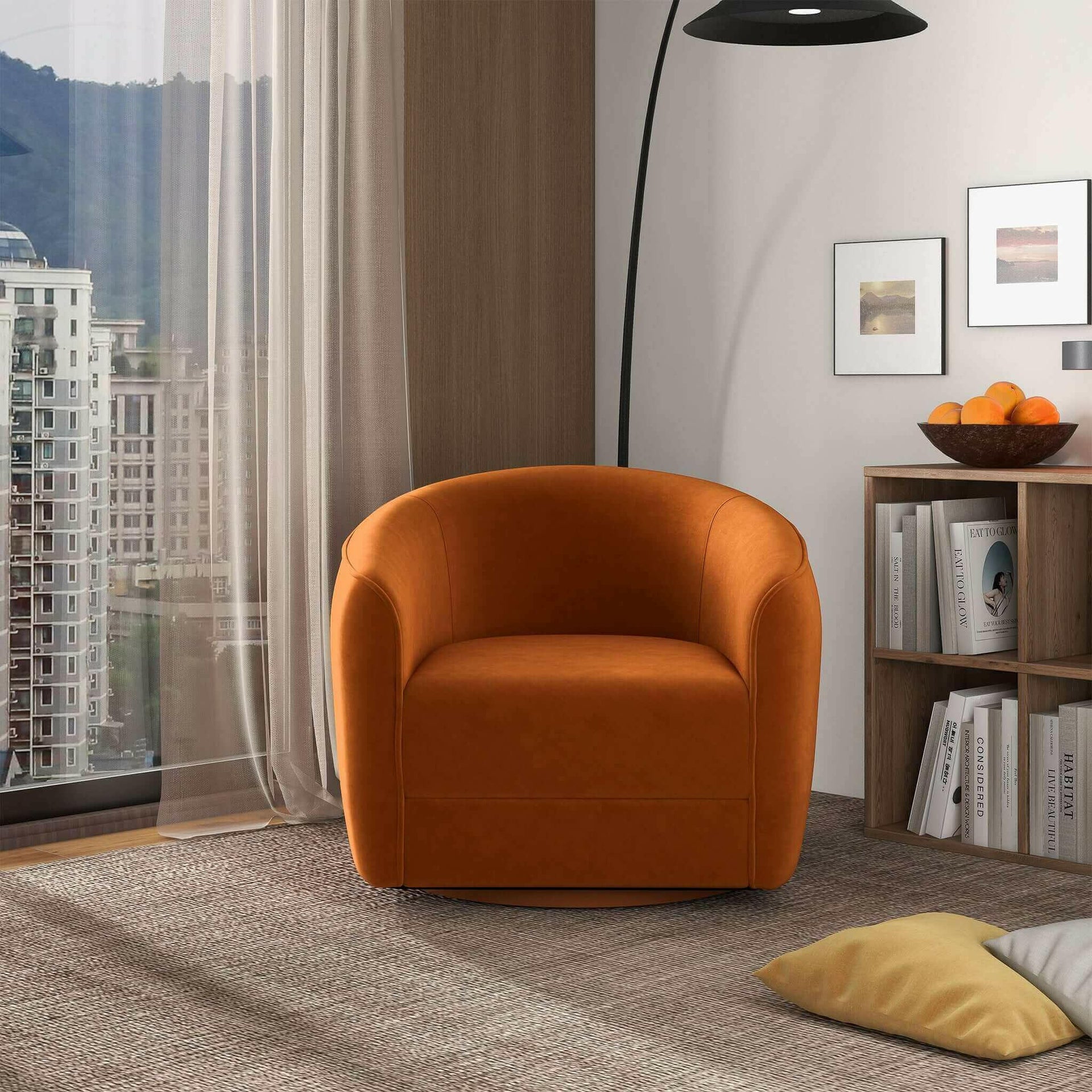 Elise Mid Century Modern Burnt Orange Velvet Swivel Chair.