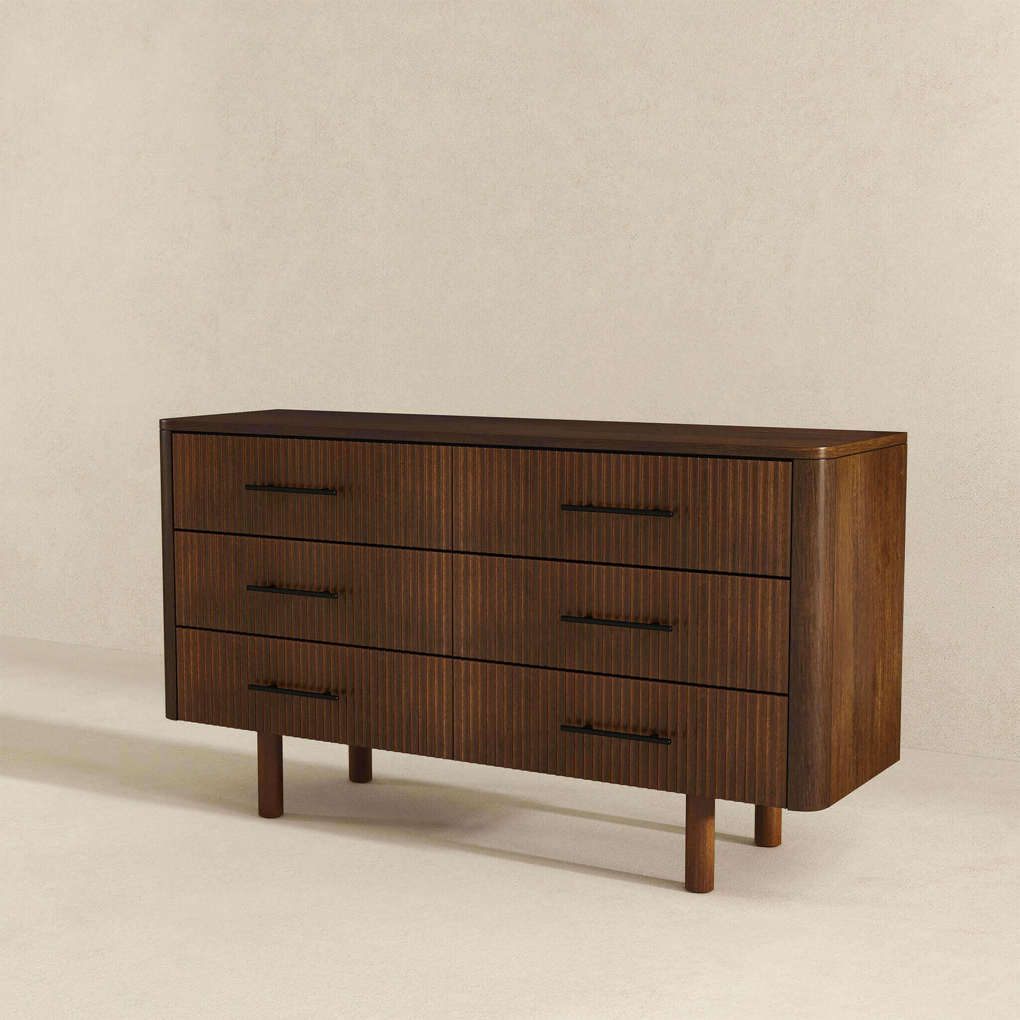 Logan Mid Century Modern Walnut Dresser With 6 Drawers.