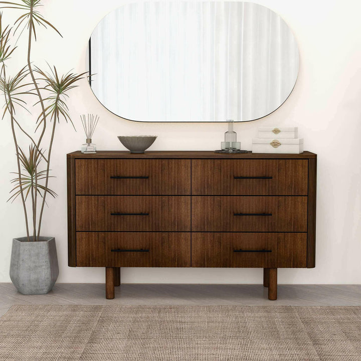 Logan Mid Century Modern Walnut Dresser With 6 Drawers.