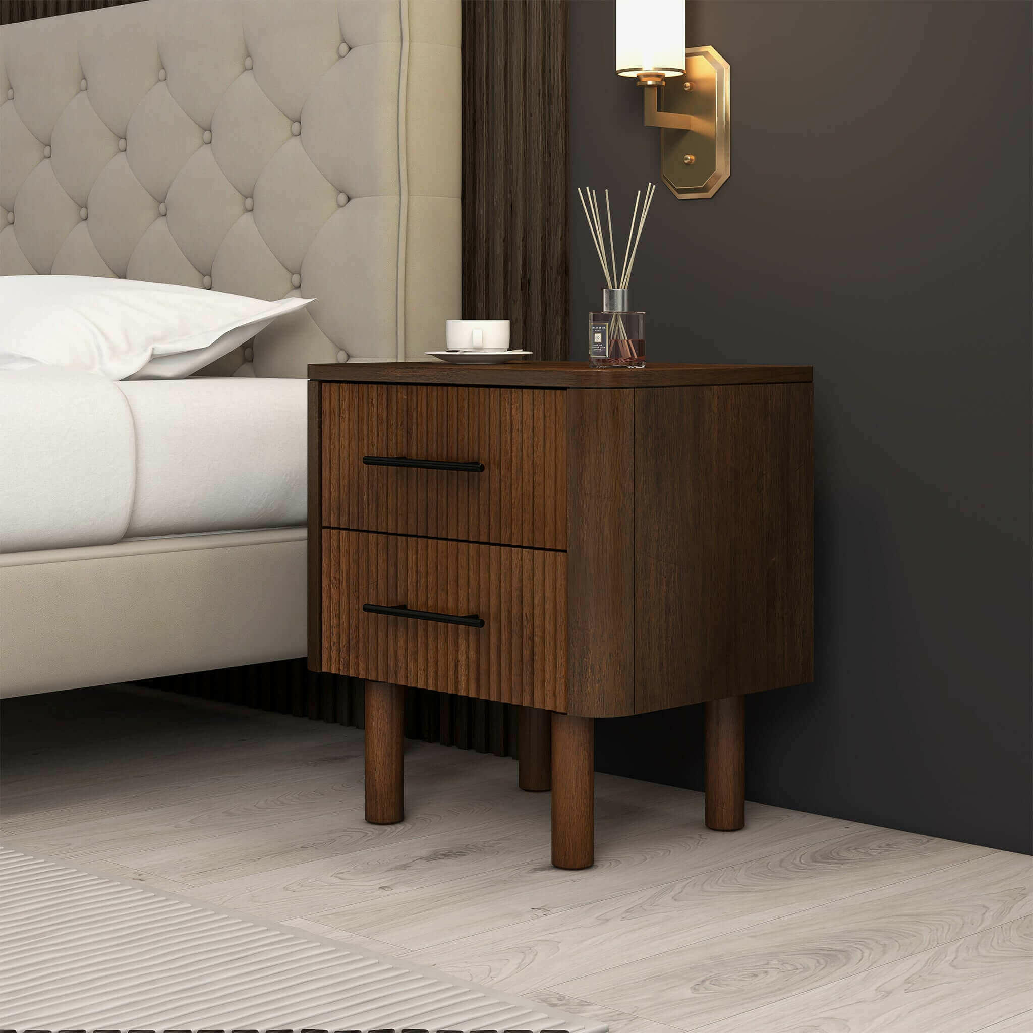 Logan Mid Century Modern Walnut Nightstand Bed Side Tables With 2 Drawers.