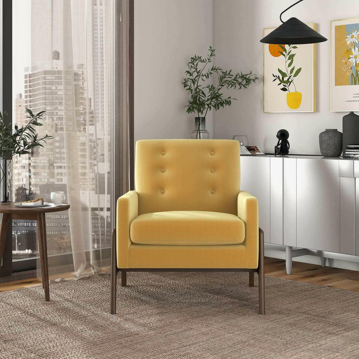 Cole Solid Wood Dark Yellow Velvet Lounge Chair.