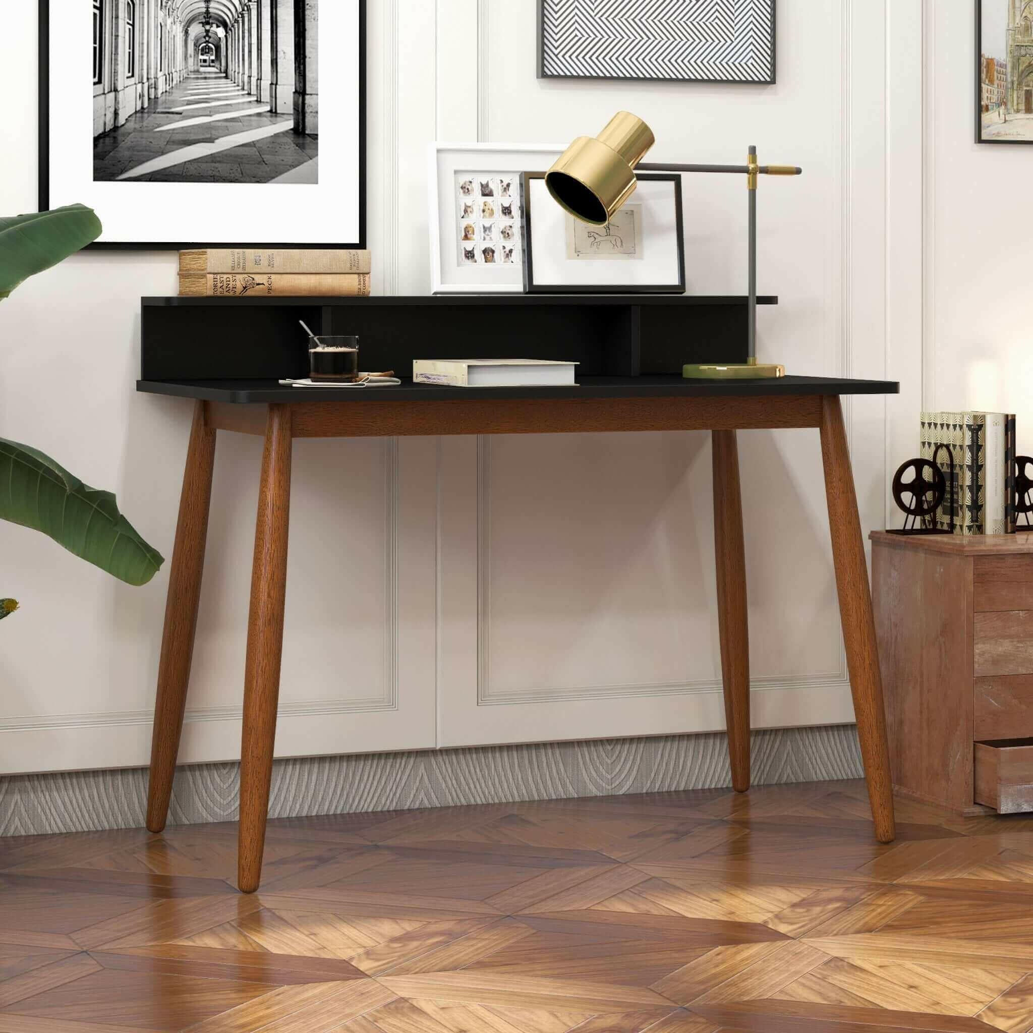 Hayley Rectangular Solid Wood Desk In Black.