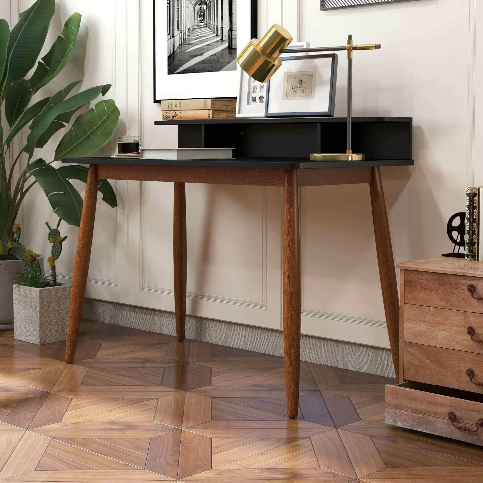 Hayley Rectangular Solid Wood Desk In Black.