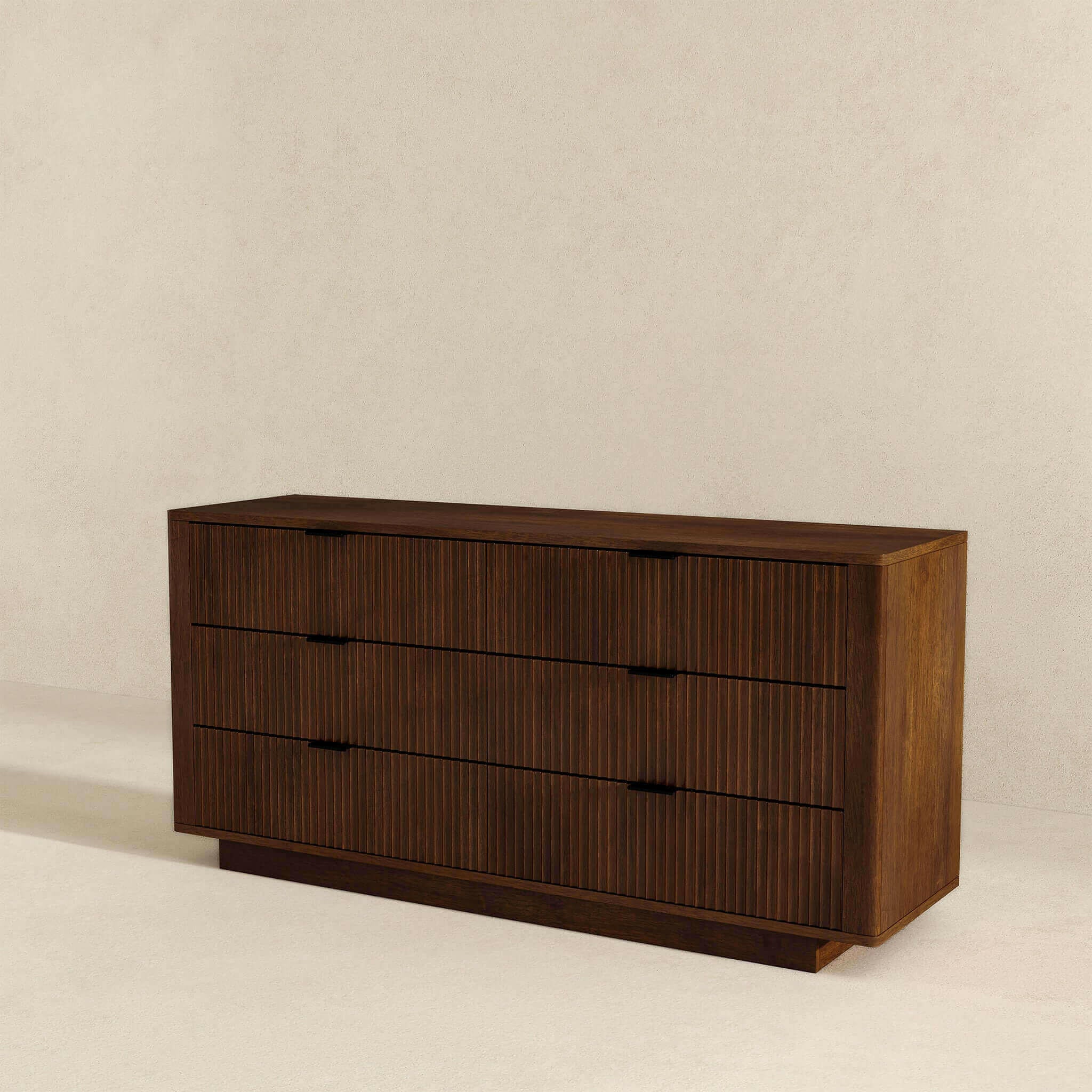 Lola Mid Century Modern Walnut Dresser With 6 Drawers.