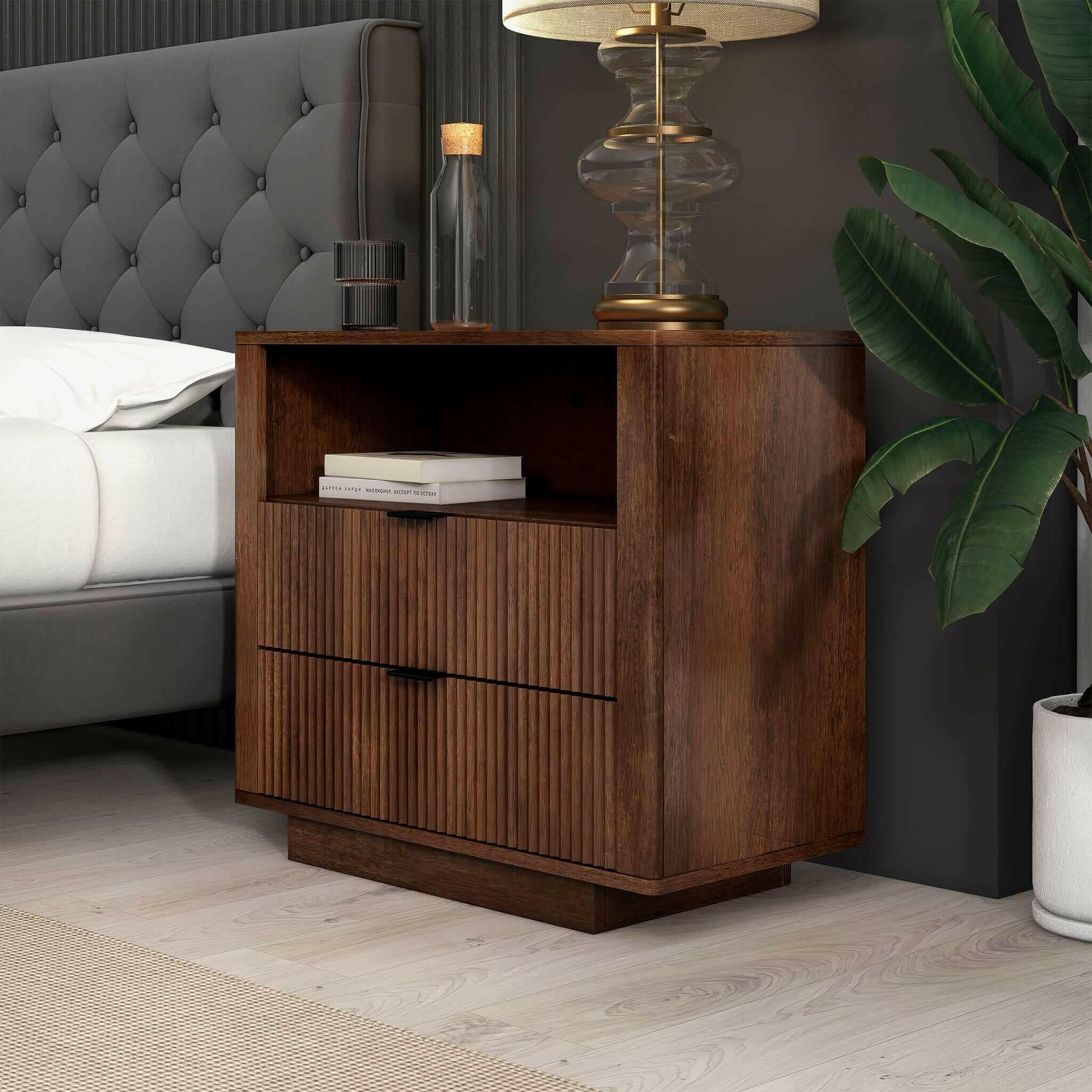 Lola Mid Century Modern Walnut Nightstand 2-Drawer Bed Side Table.