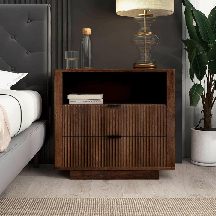 Lola Mid Century Modern Walnut Nightstand 2-Drawer Bed Side Table.