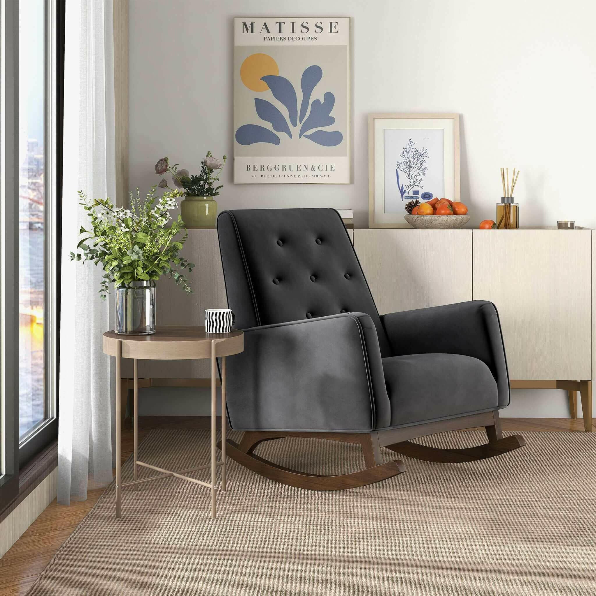 Demetrius Dark Grey Fabric Solid Wood Rocking Chair.