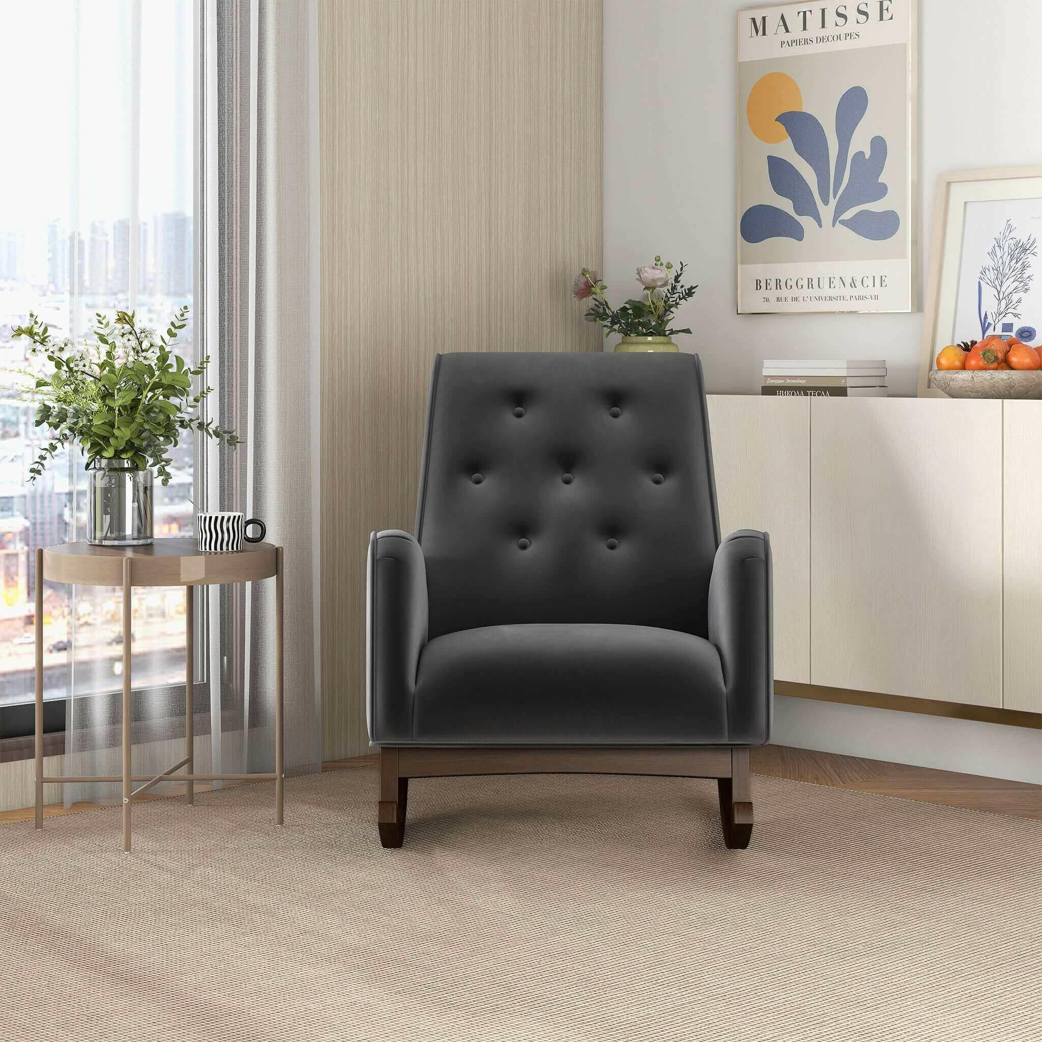 Demetrius Dark Grey Fabric Solid Wood Rocking Chair.