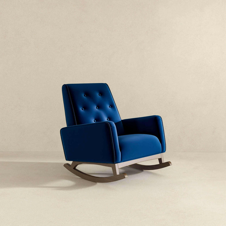 Demetrius Dark Blue Velvet Solid Wood Rocking Chair.