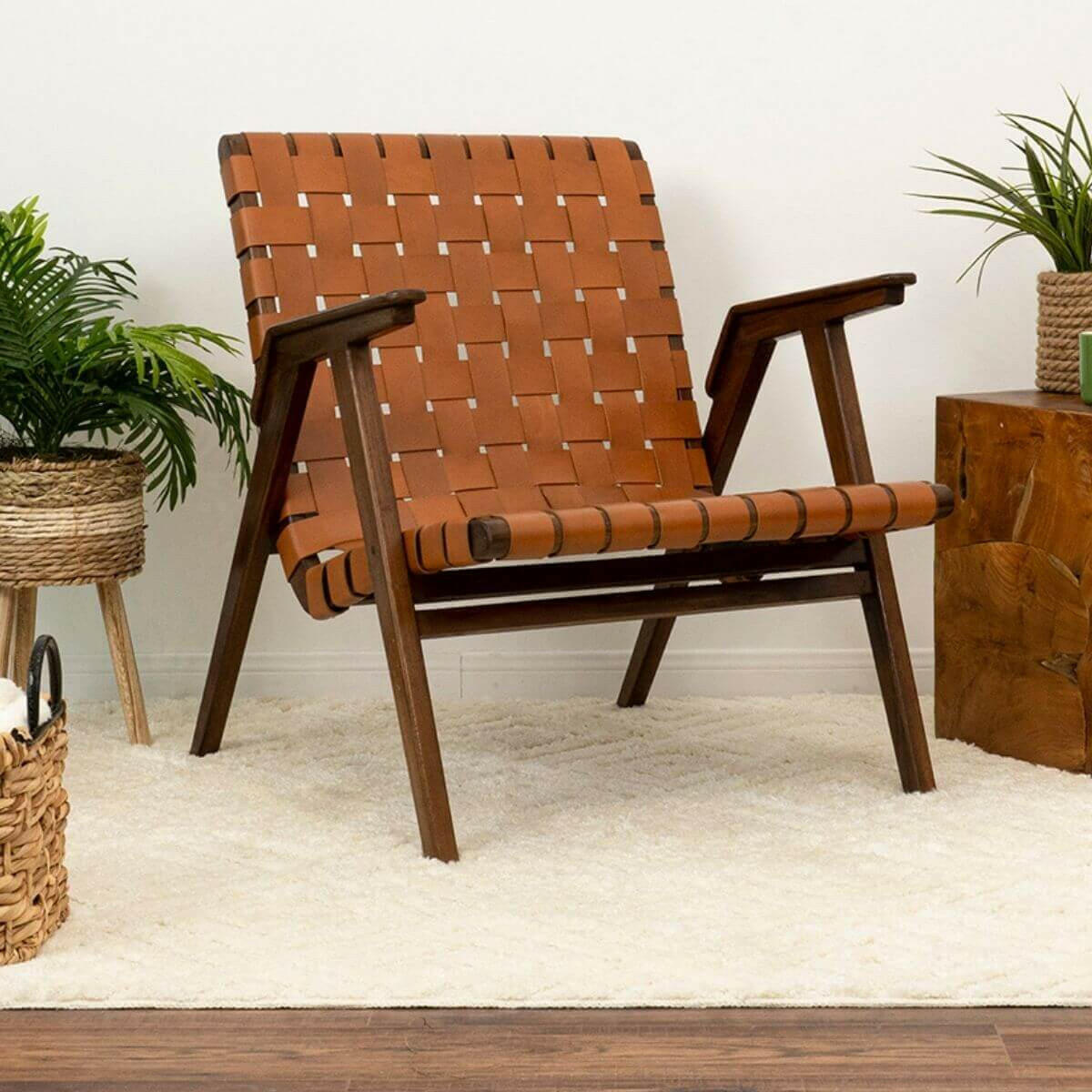 David Genuine Leather Teak Lounge Chair.