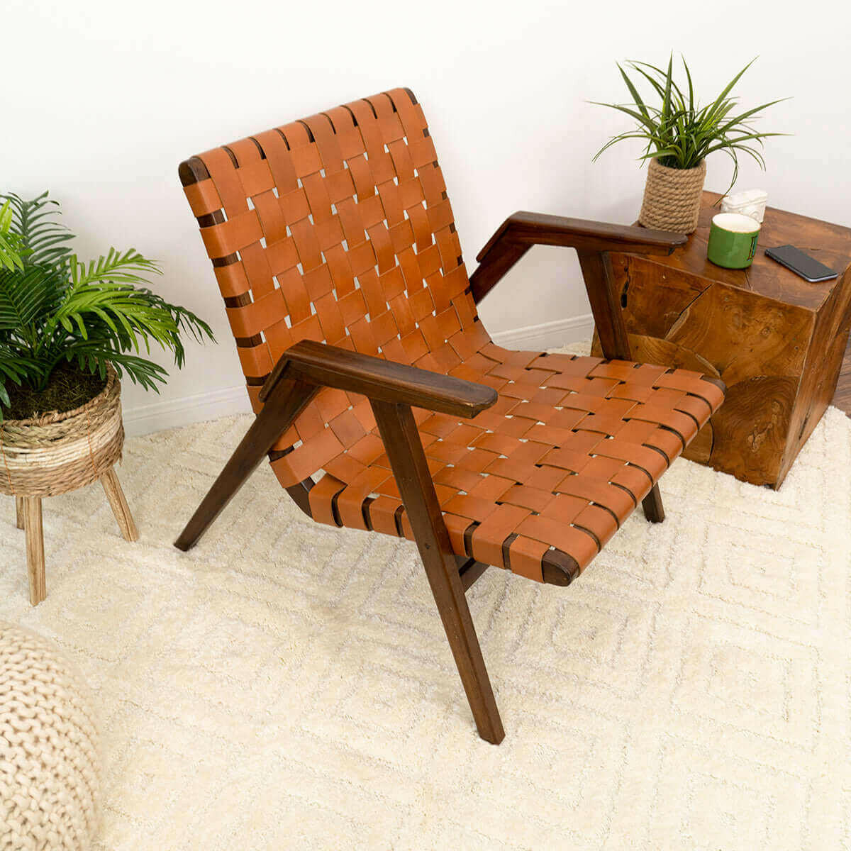 David Genuine Leather Teak Lounge Chair.