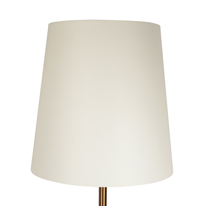 Celestial Modern Floor Lamp with Brass Accent Table with Large White Shade.