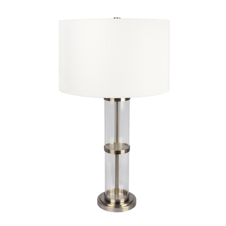 Echo Brushed Nickel Table Lamp with On/Off Switch Clear Glass Body  Metal Base.