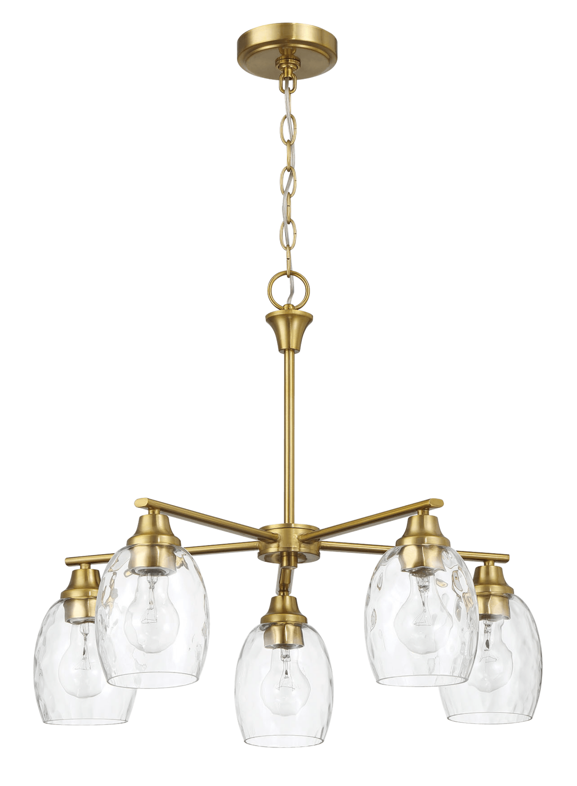 Elegance Five Lights Linear Arms with Golden Brass Finish Chain Chandelier 24"W × 8.5"H with Clear Water Glass.