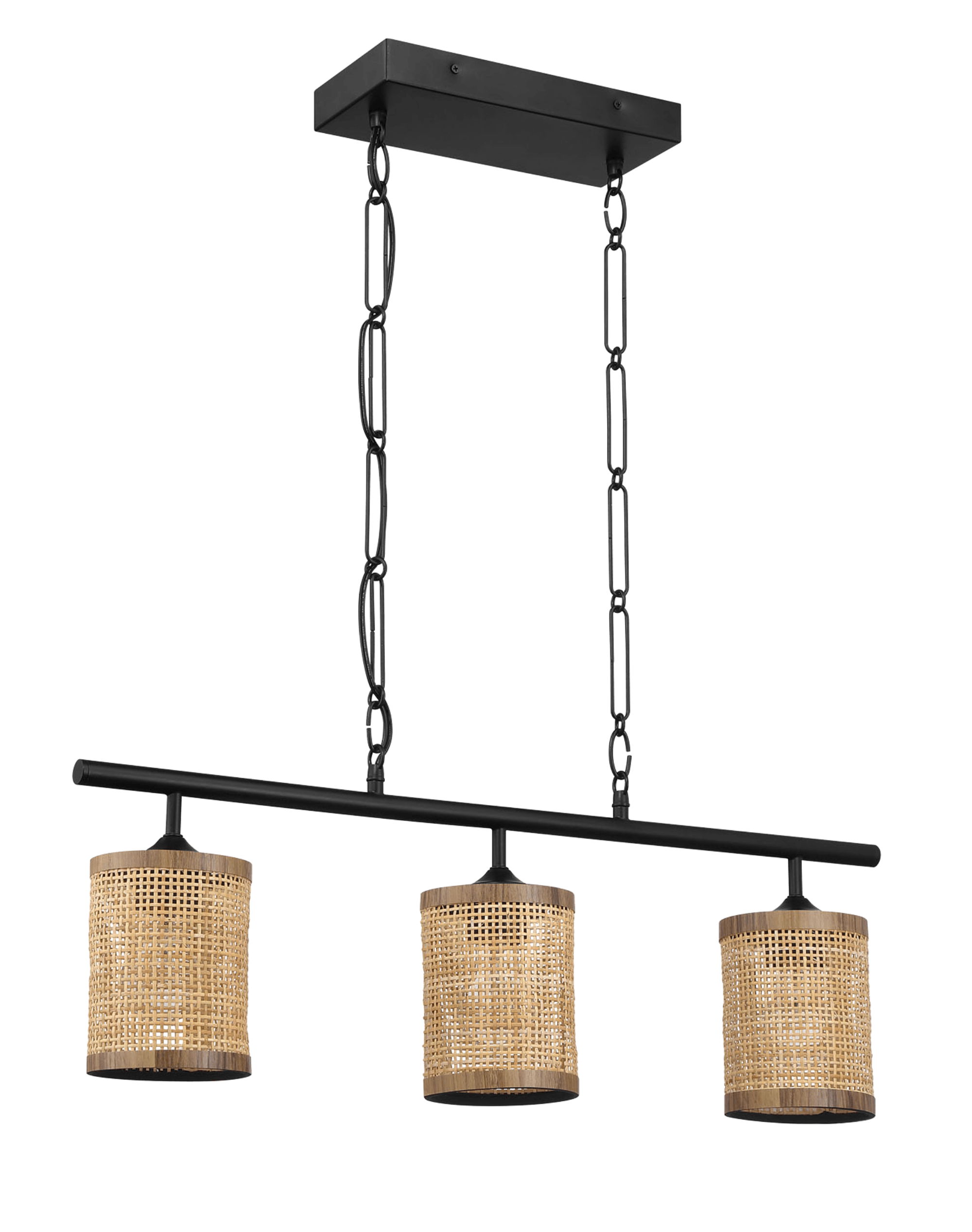 Elysian Three Lights Island With Natural Rattan Shade Farmhouse Chain Ceiling Lamp.