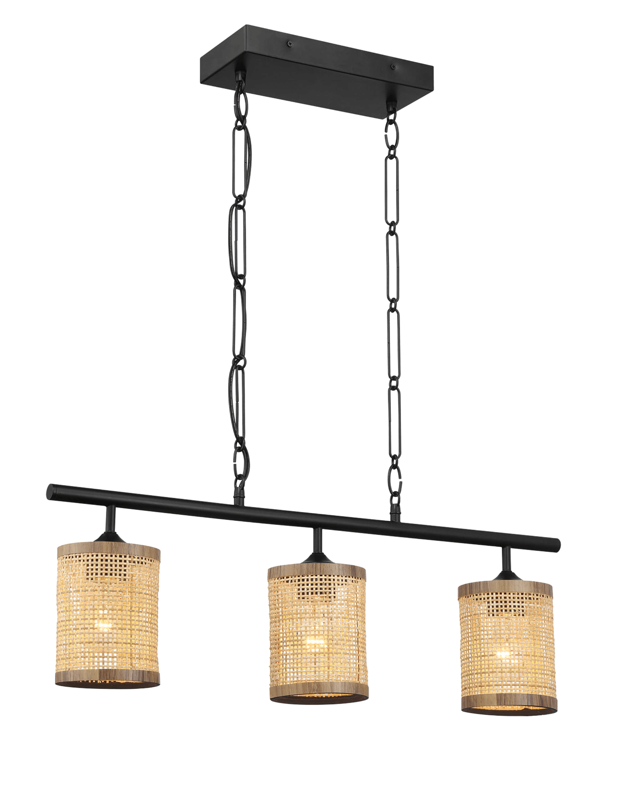 Elysian Three Lights Island With Natural Rattan Shade Farmhouse Chain Ceiling Lamp.