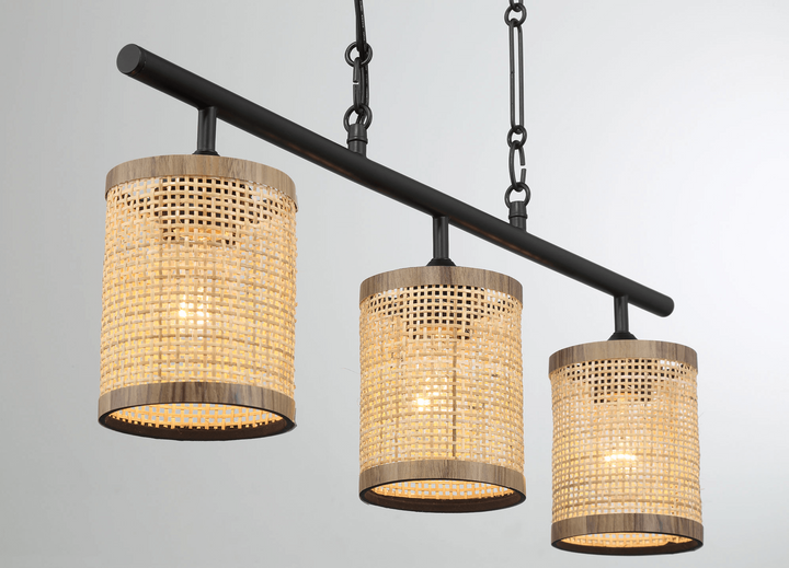 Elysian Three Lights Island With Natural Rattan Shade Farmhouse Chain Ceiling Lamp.