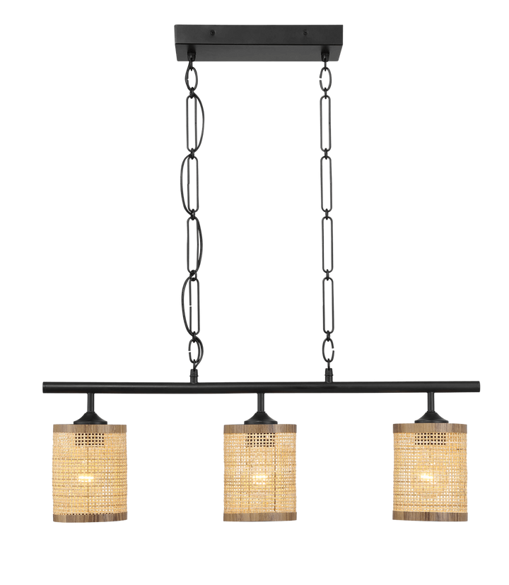 Elysian Three Lights Island With Natural Rattan Shade Farmhouse Chain Ceiling Lamp.