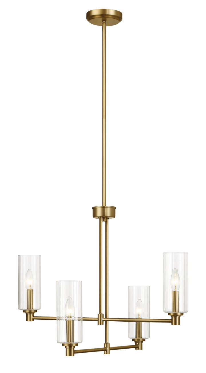 Enigma Four Lights Chandelier With Clear Ribbed Glass -Satin Brass.