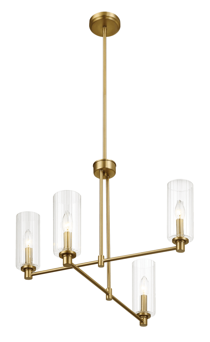 Enigma Four Lights Chandelier With Clear Ribbed Glass -Satin Brass.