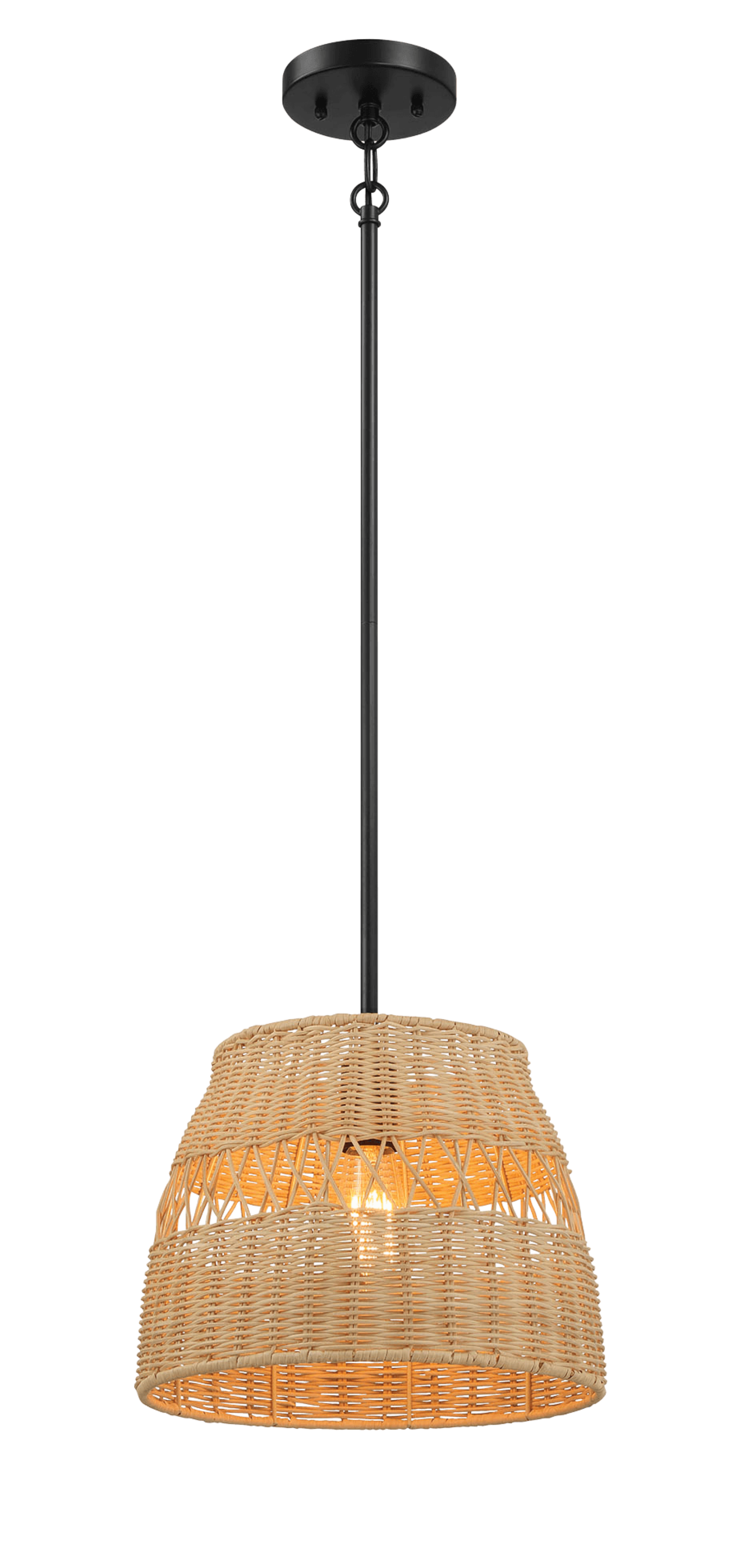 Essence Single Lights Pendant With Rattan Shade  Black Metal Finish for Farmhouse Style.