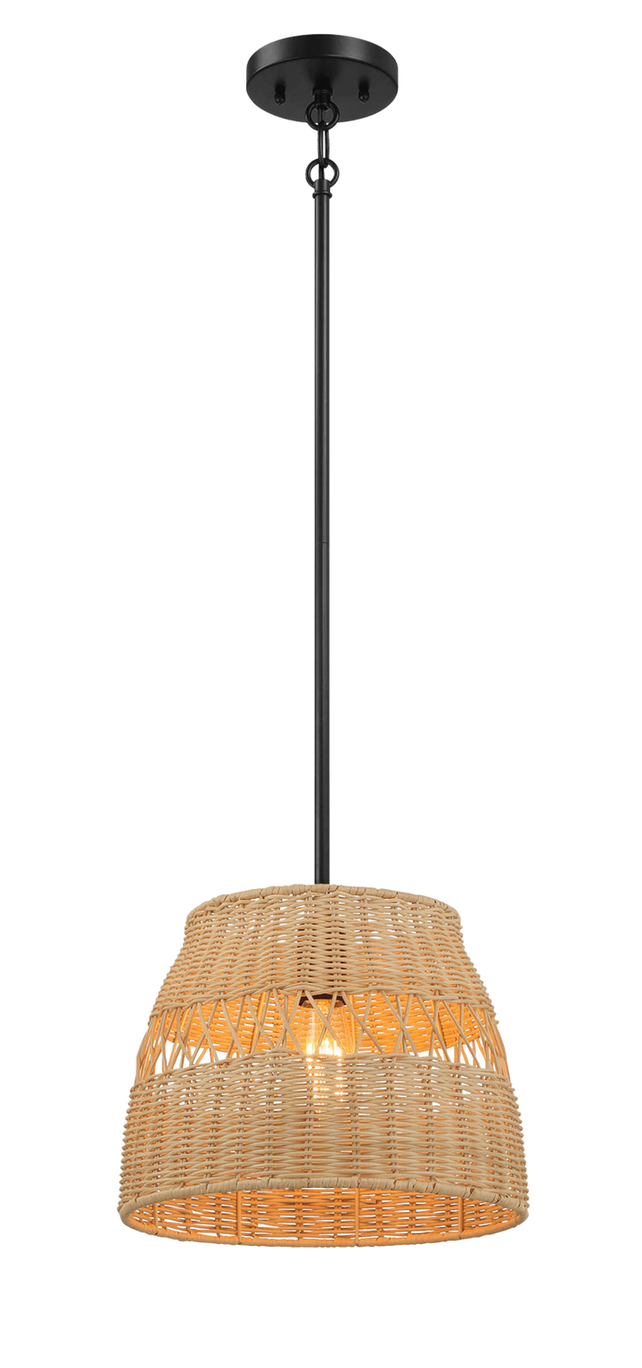 Essence Single Lights Pendant With Rattan Shade  Black Metal Finish for Farmhouse Style.