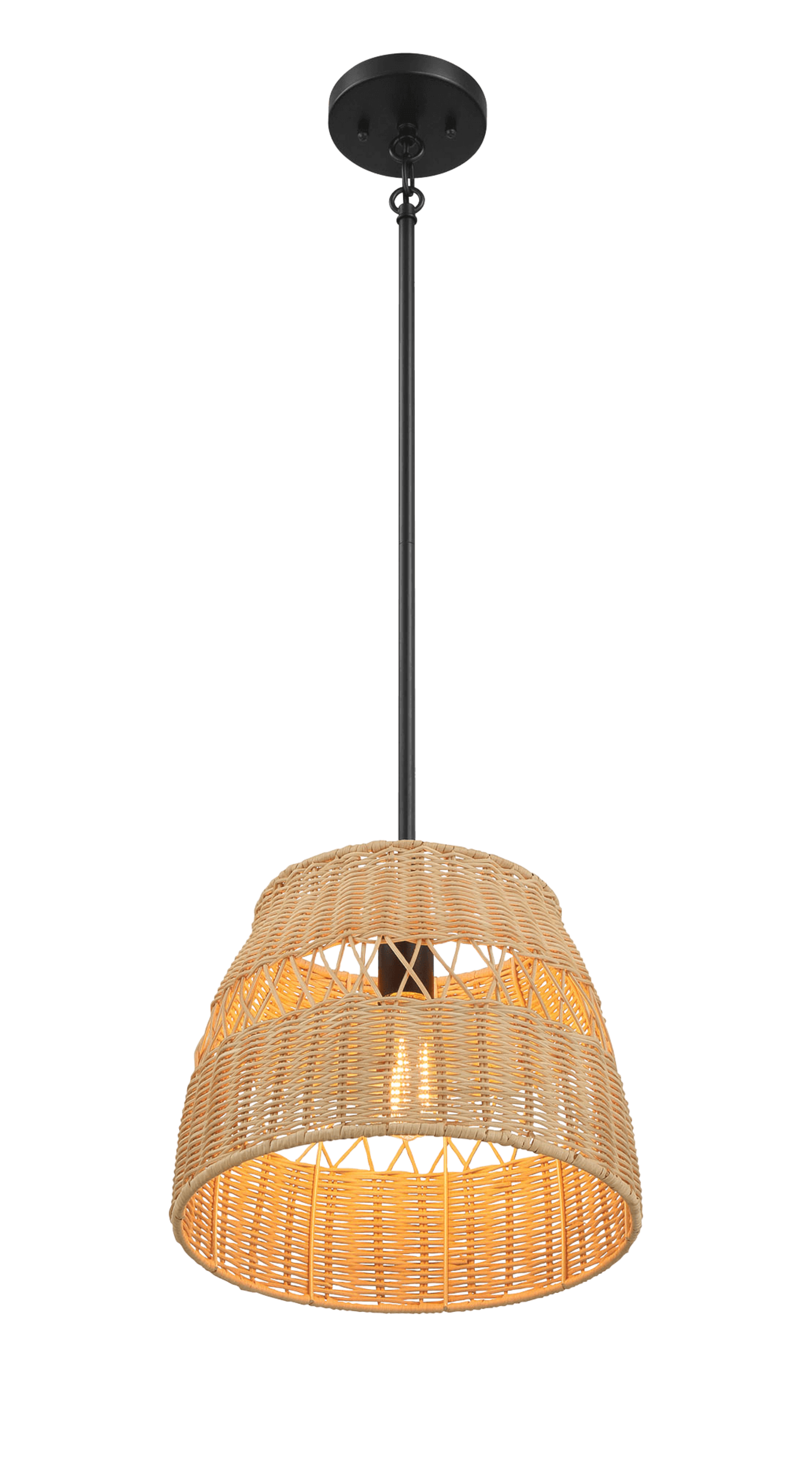 Essence Single Lights Pendant With Rattan Shade  Black Metal Finish for Farmhouse Style.