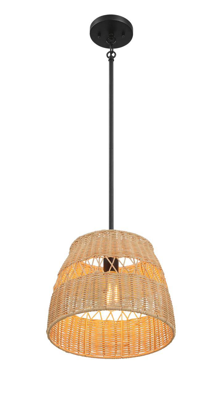 Essence Single Lights Pendant With Rattan Shade  Black Metal Finish for Farmhouse Style.