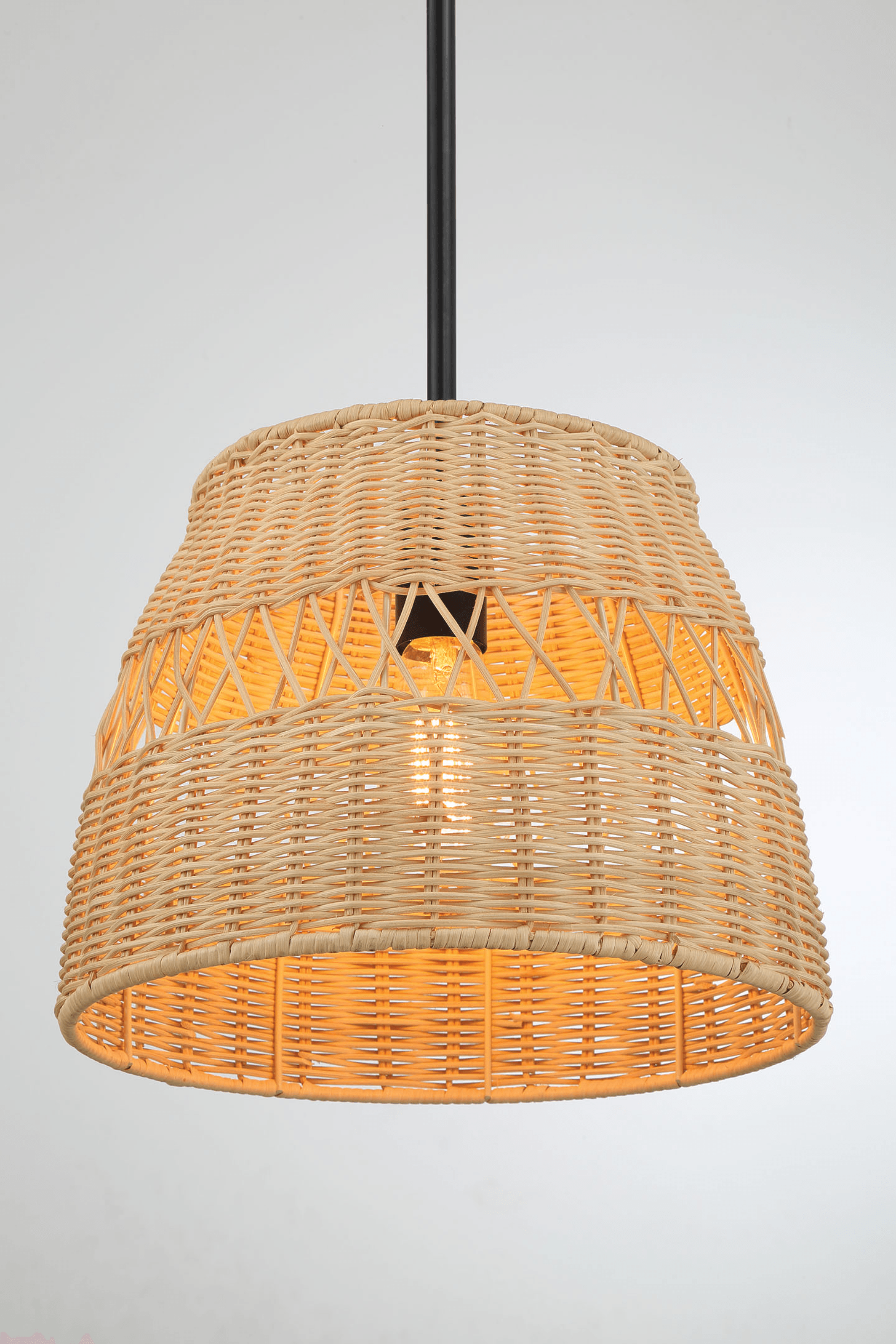 Essence Single Lights Pendant With Rattan Shade  Black Metal Finish for Farmhouse Style.