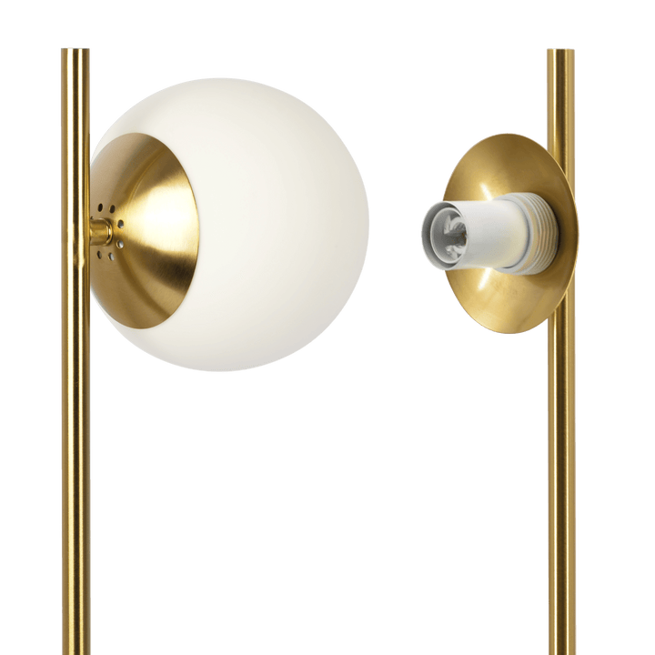 Ethereal Modern Small Brass Metal Table Lamp, Desk Lamp Fixture with White Glass Globe Shade.