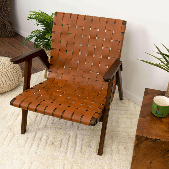 David Genuine Leather Teak Lounge Chair.