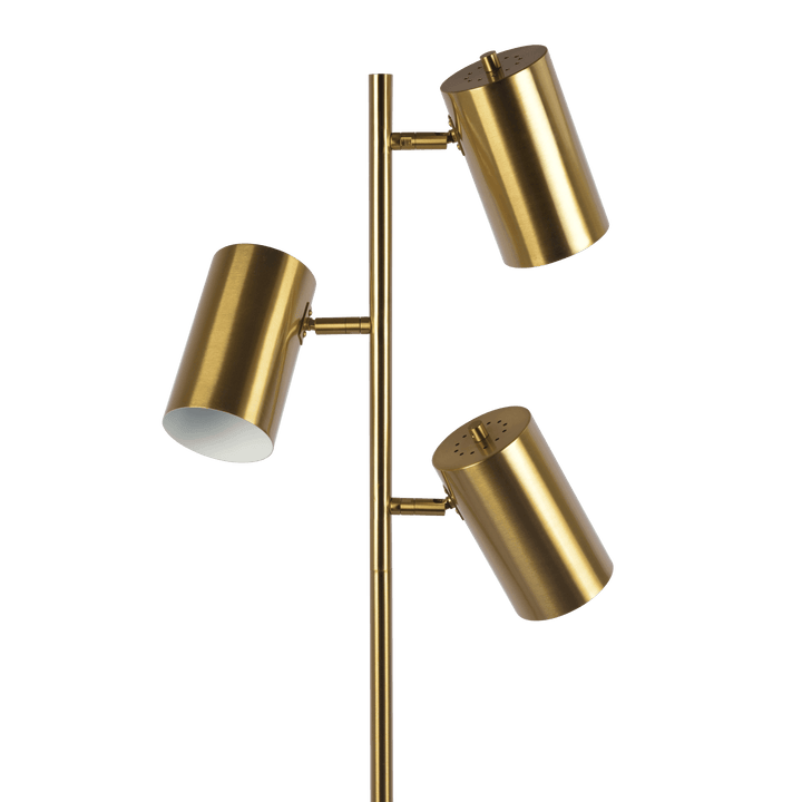 Harmony Brassed Gold Floor Lamp with Rotary Switch Triple Spots Metal Block Base.