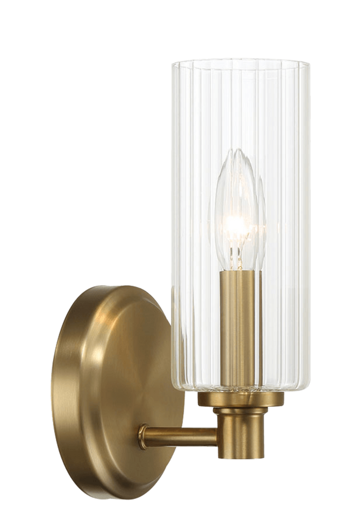 Jardin Single Light Wall Sconce With Clear Ribbed Glass - Satin Brass.