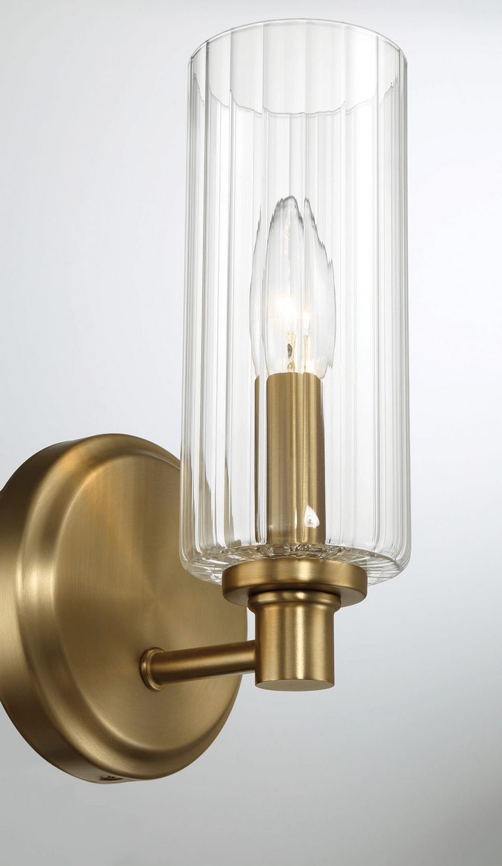 Jardin Single Light Wall Sconce With Clear Ribbed Glass - Satin Brass.