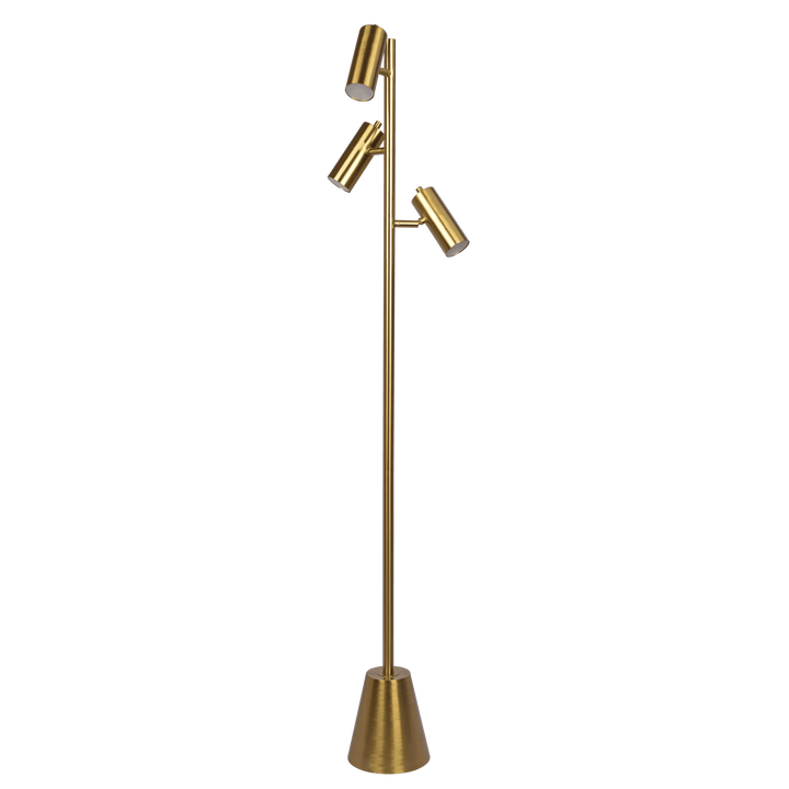 Lumina Brassed Gold Floor Lamp with Rotary Switch Triple Spots Metal Cone Base.