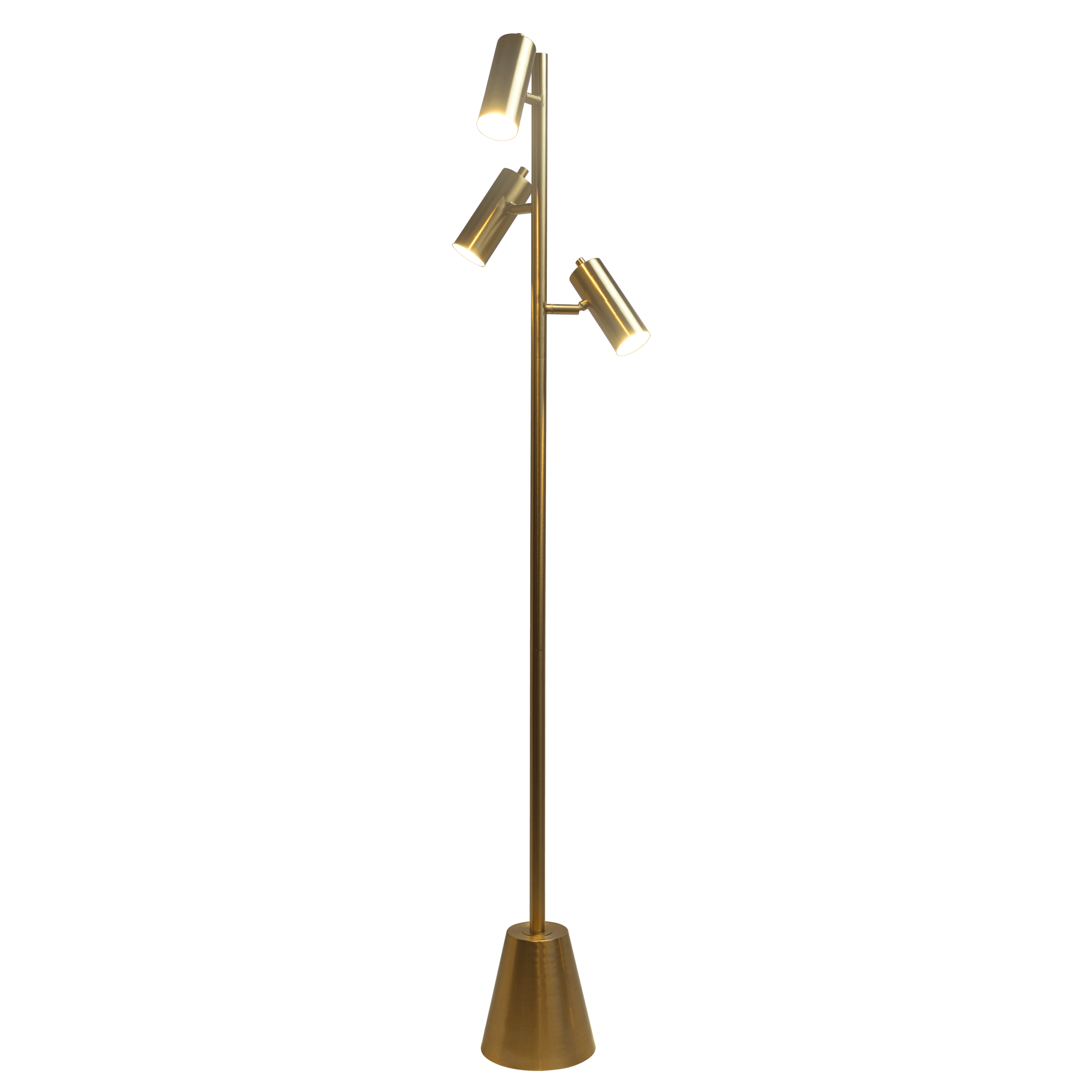 Lumina Brassed Gold Floor Lamp with Rotary Switch Triple Spots Metal Cone Base.