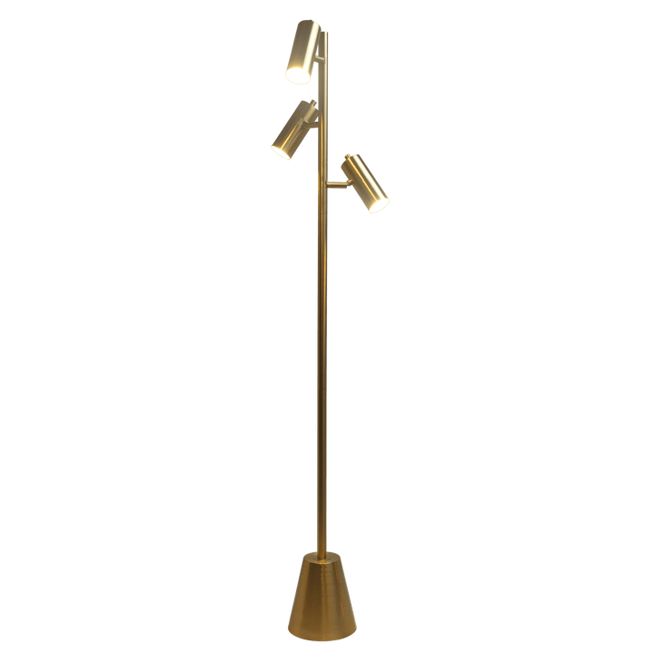 Lumina Brassed Gold Floor Lamp with Rotary Switch Triple Spots Metal Cone Base.