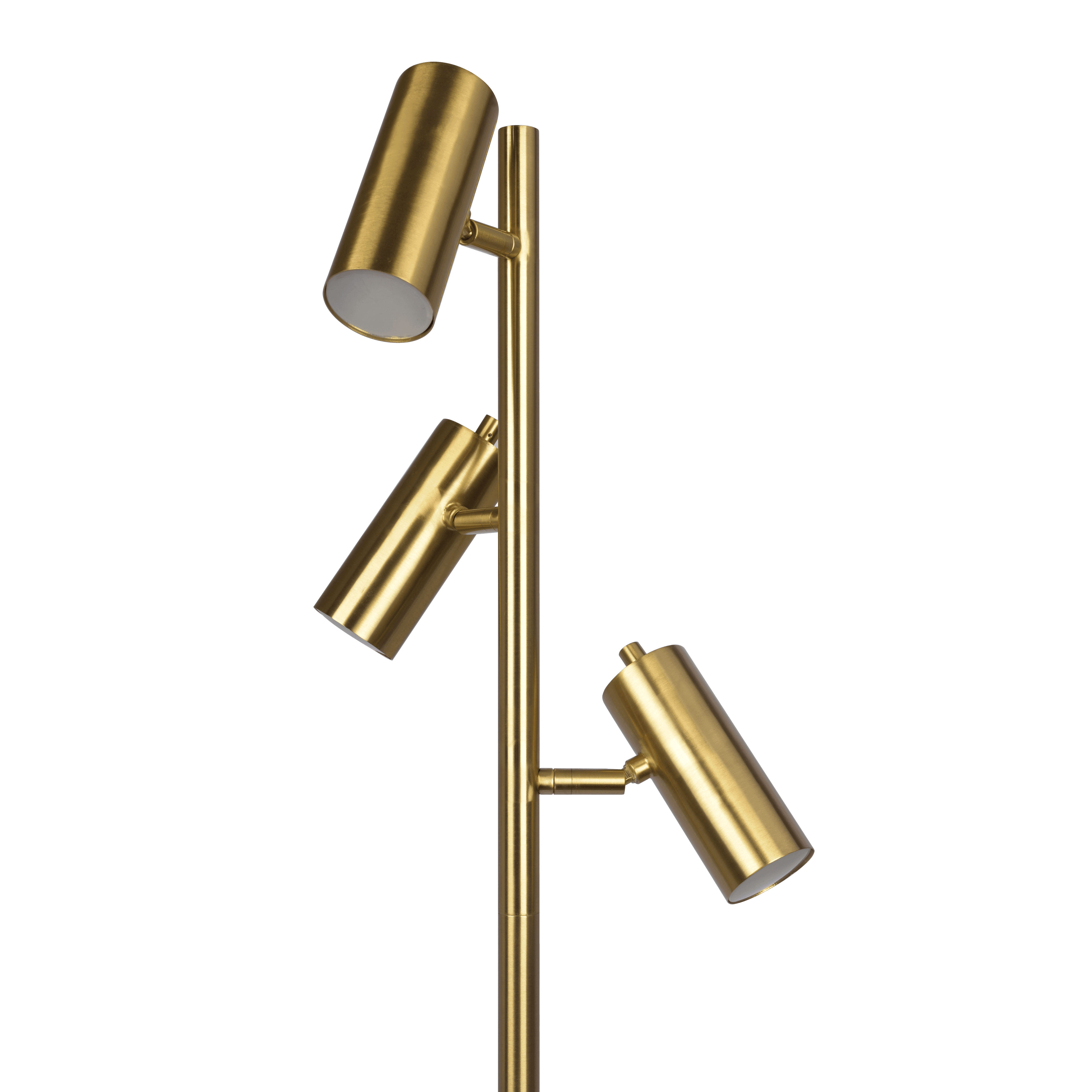 Lumina Brassed Gold Floor Lamp with Rotary Switch Triple Spots Metal Cone Base.