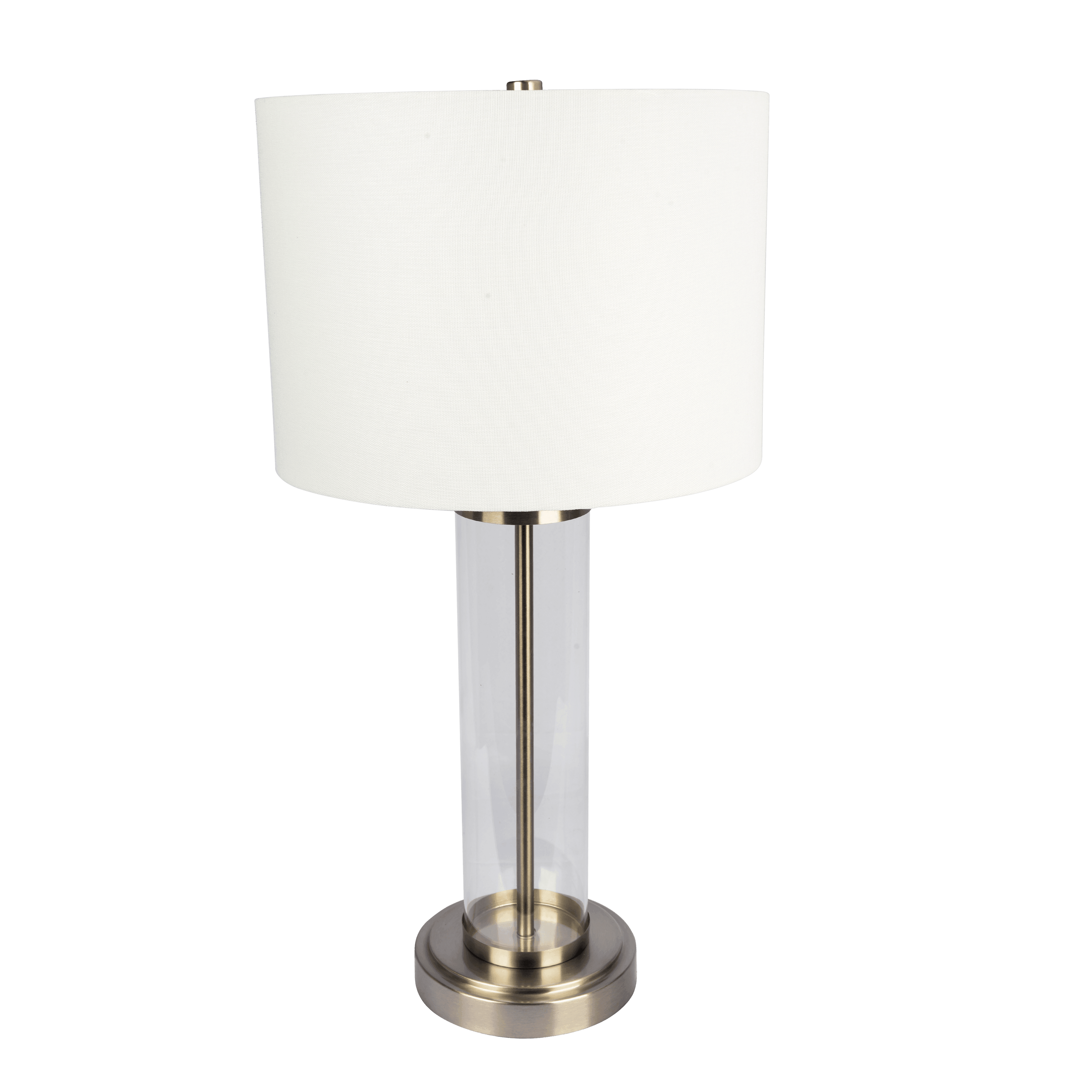 Luna Brushed Nickel Table Lamp with On/Off Switch Clear Glass Body  Metal Base.