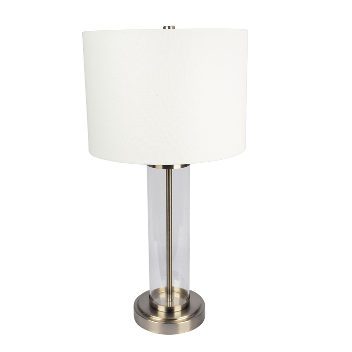 Luna Brushed Nickel Table Lamp with On/Off Switch Clear Glass Body  Metal Base.