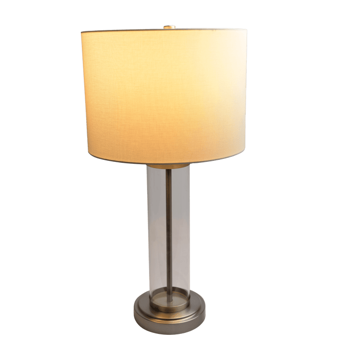 Luna Brushed Nickel Table Lamp with On/Off Switch Clear Glass Body  Metal Base.