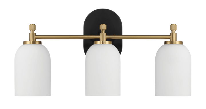 Meadows Three Lights Vanity Brushed Gold Bathroom Wall Light for Bathroom Over Mirror 20.5"W × 10.125"H × 5.5"E with White Frosted Glass.