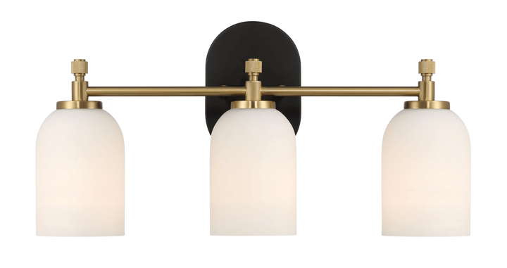 Meadows Three Lights Vanity Brushed Gold Bathroom Wall Light for Bathroom Over Mirror 20.5"W × 10.125"H × 5.5"E with White Frosted Glass.