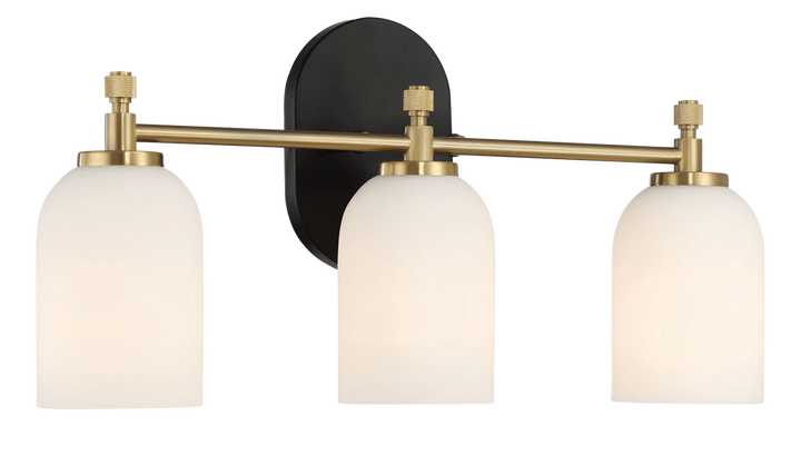 Meadows Three Lights Vanity Brushed Gold Bathroom Wall Light for Bathroom Over Mirror 20.5"W × 10.125"H × 5.5"E with White Frosted Glass.