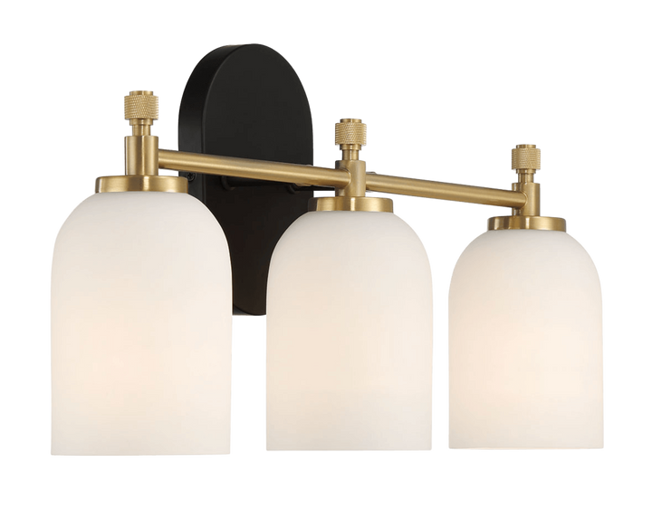 Meadows Three Lights Vanity Brushed Gold Bathroom Wall Light for Bathroom Over Mirror 20.5"W × 10.125"H × 5.5"E with White Frosted Glass.