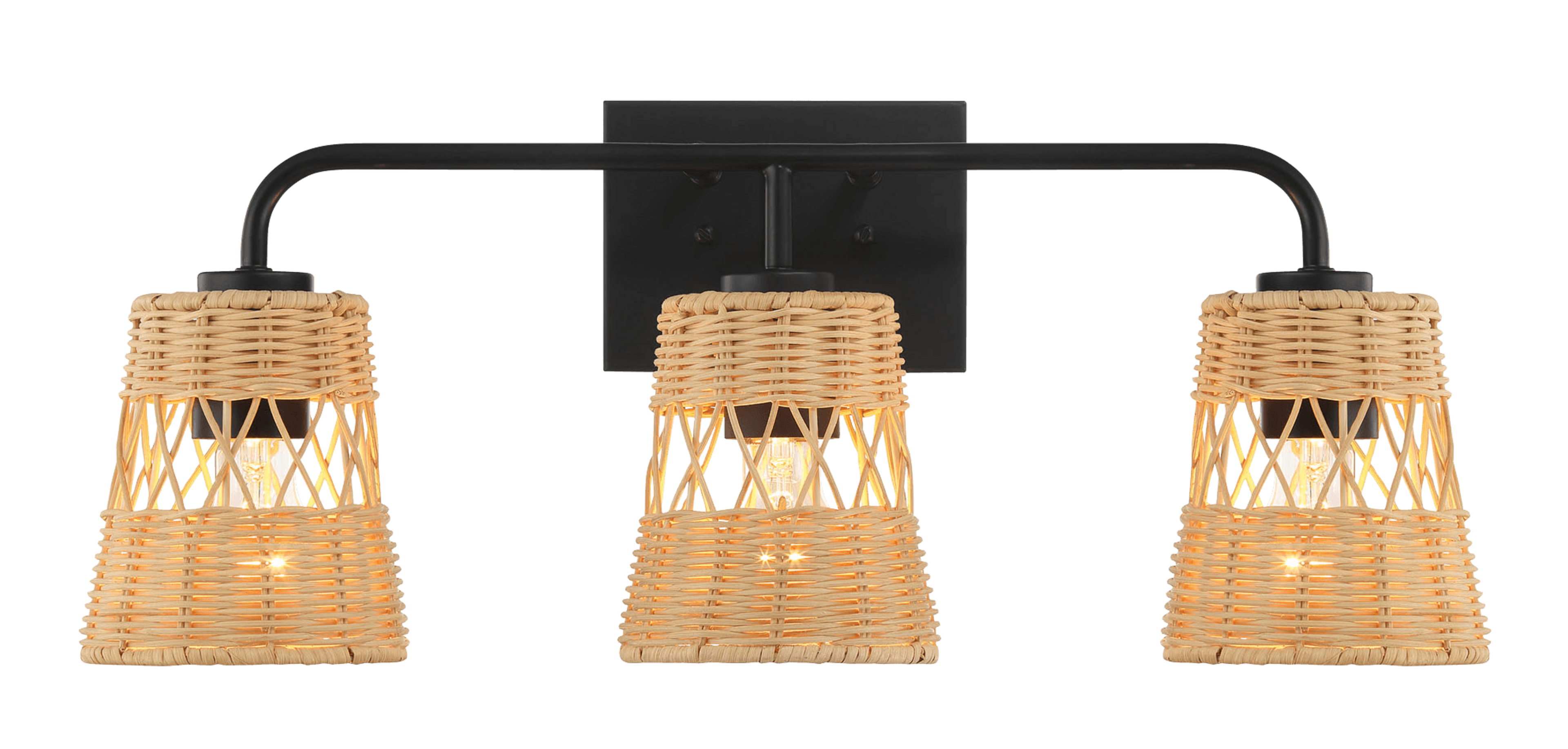 Moonlit Three Lights Wall Sconce With Rattan Shade, Bathroom Lighting Fixtures Over Mirror.